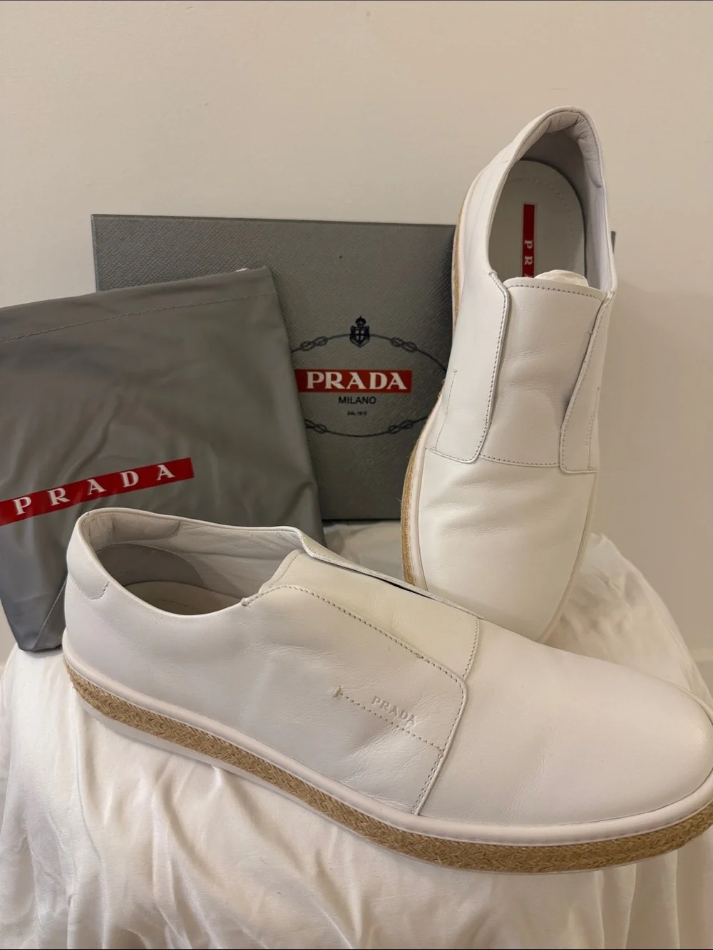 Prada White Leather Slip-On Loafers with Jute-Trim Sole